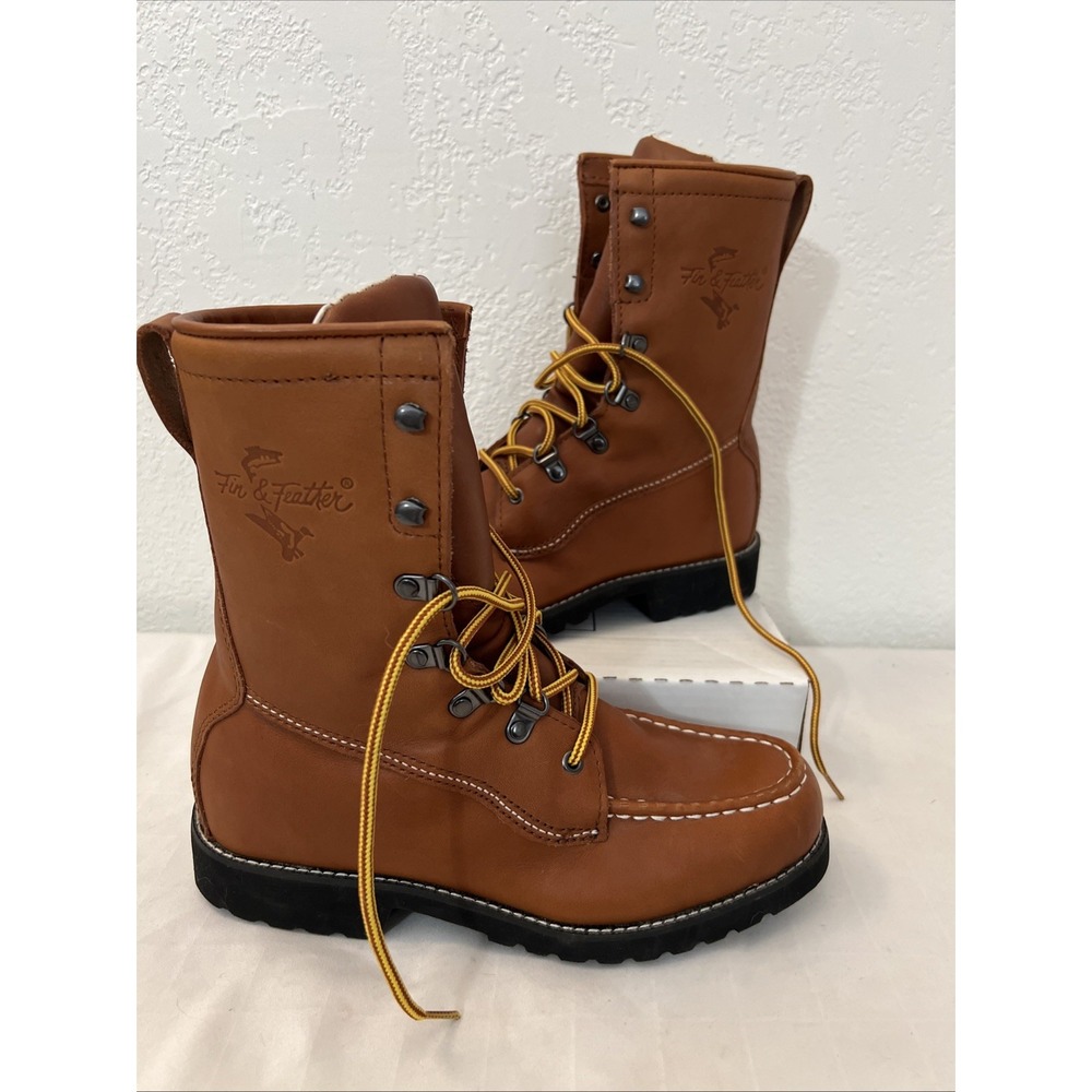 Mens Fin‎ Feather Boots Size 6 D Med Brown Leather 989 9" Pile Lined Waterproof